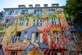 Fantasy painting on colorful house front, graffiti art on facade in hotspot of Dusseldorf, Germany